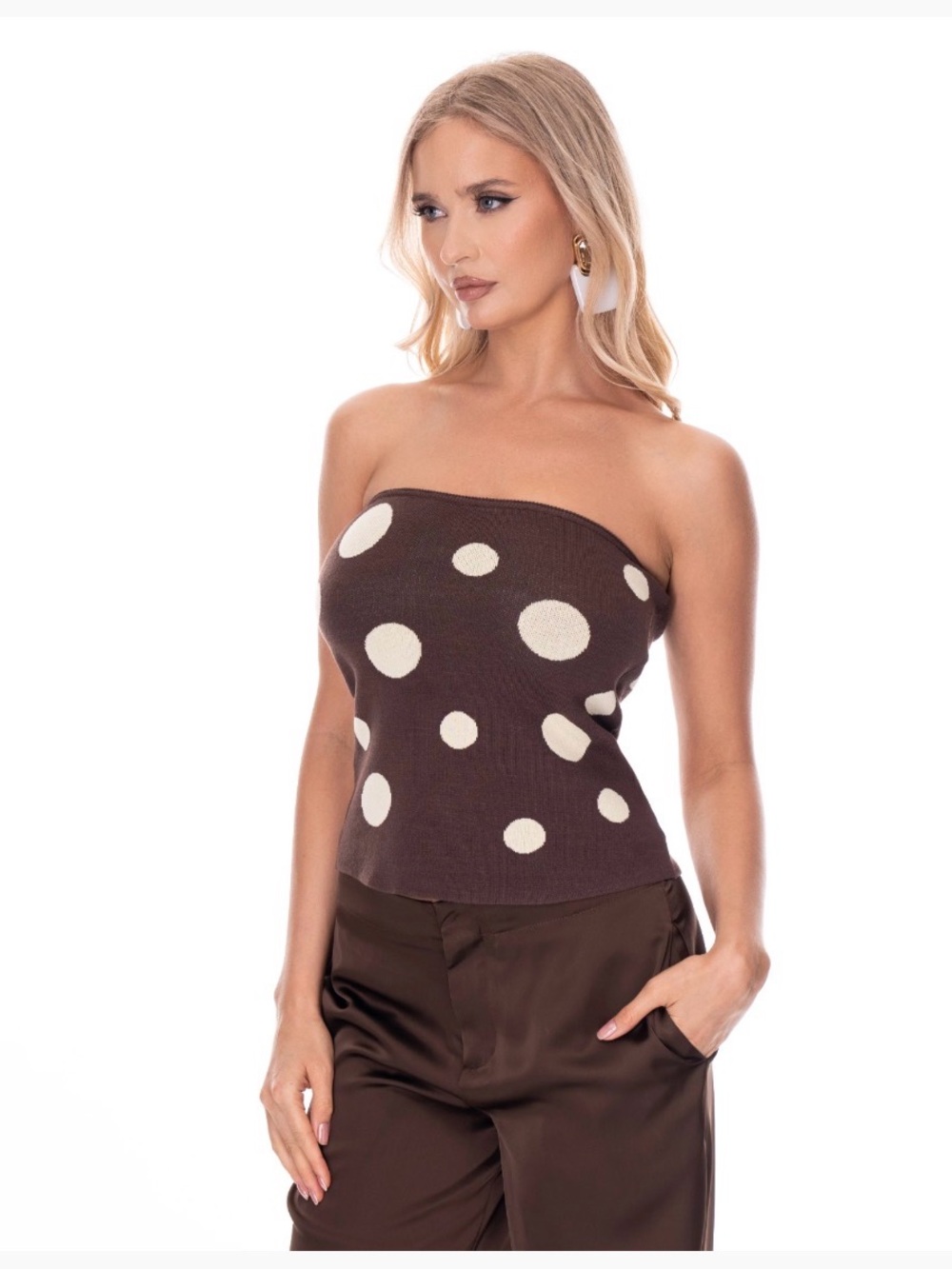 Elegant Brown Polka Dot Strapless Knit Top | SM114